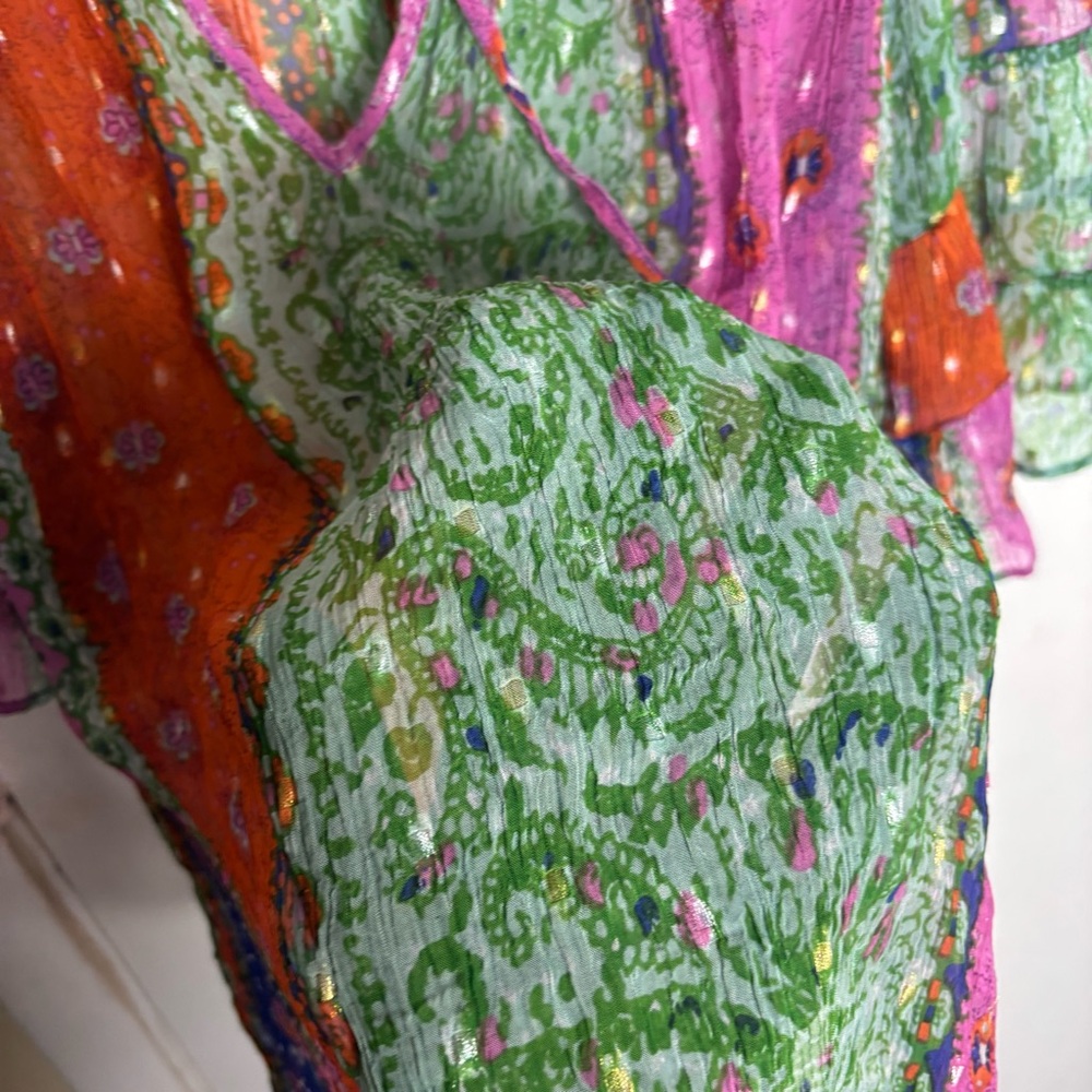 Boho Patchwork Floral Peasant Blouse - Pink, Green, Orange - Picture 6 of 7